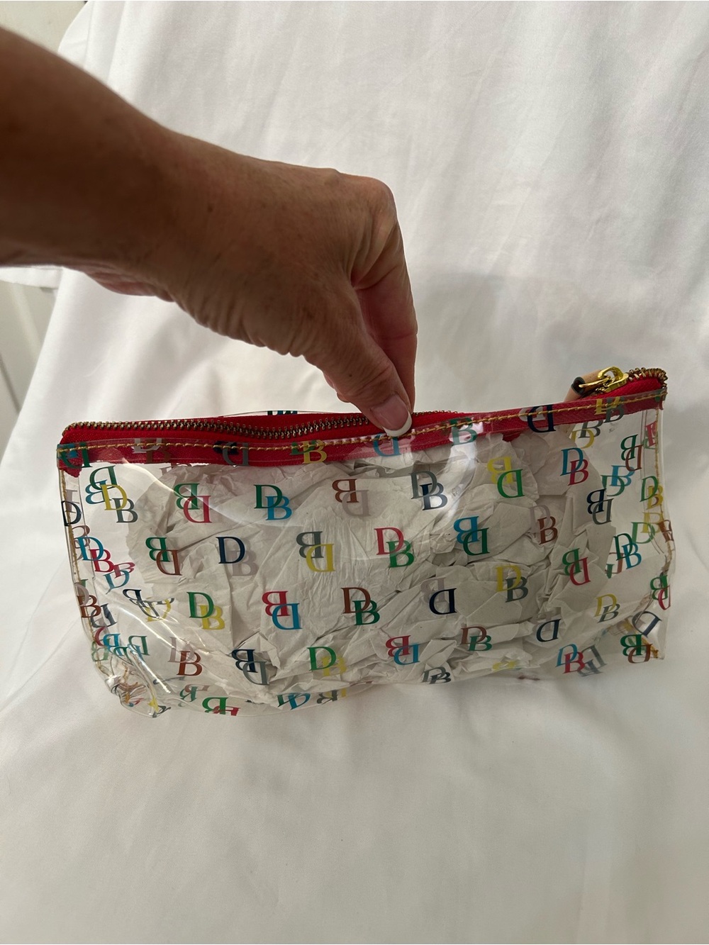 Dooney & Bourke Clear Cosmetic Pouch with Multicolor DB Print and Red Trim - Picture 3 of 7